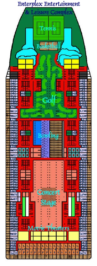 Residential Ocean Liner - Enterplex Entertainment Complex, Floor Plan Footprint, Level L, Luxury Liner Homes For Sale Port Starboard and Aft, Ocean Residences For Sale On Level L, Fractional Ownership Private Residence Club Properties For Sale.