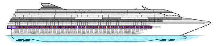 Residential Ocean Liner Expression Starboard Profile of where our Health Sciences Center, Provisions International Grocery Store, and the Promenade shopping center are located onboard.