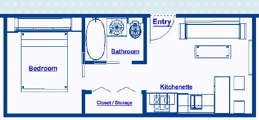 250 square foot ocean liner stateroom floor plans, cabin approximately 10' x 25' with an island bed, separate bath, kitchenette, dinette, designer appliances and open living area, side entrance, perfect for singles or couples to take cruises.