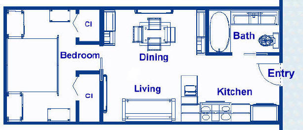 375 square foot ocean liner stateroom floor plans, vacation residence approximately 12.5' x 30' with an island bed, separate bath, kitchen, designer appliances and open living area, end entrance, closet and storage space.