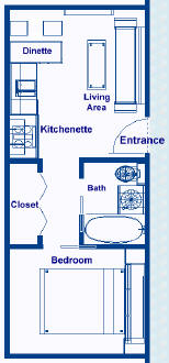 250 sq ft cabin / stateroom with one bedroom, one three piece bath, a kitchenette, a dinette, and living area.
