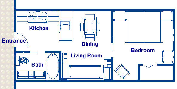 350 sq ft cruise vacation home, ocean liner cruise vacation home with 1 bedroom, dining room, living room, a 3 piece bath, and a kitchen.