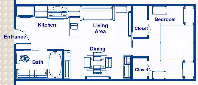 375 sq ft 1 badroom cruise vacation home with a kitchen, living area, dining area, complete with laundry facilities.