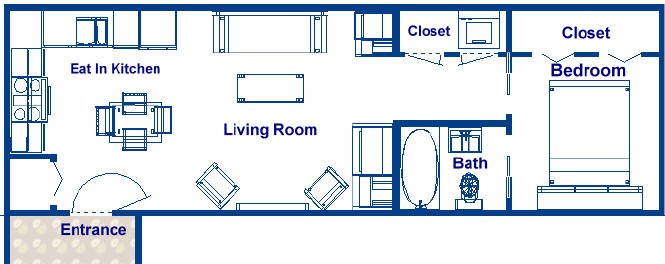 475 sq ft ocean liner cruise vacation home, one bedroom suite with 1 bath, living room, dining area, kitchen, and laundry.