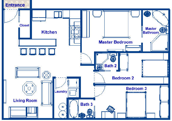 950 sq ft cruise vacation home floor plan with 3 bedrooms and bathrooms, Residential ocean liner family vacation home to cruise every year, or cruise business.