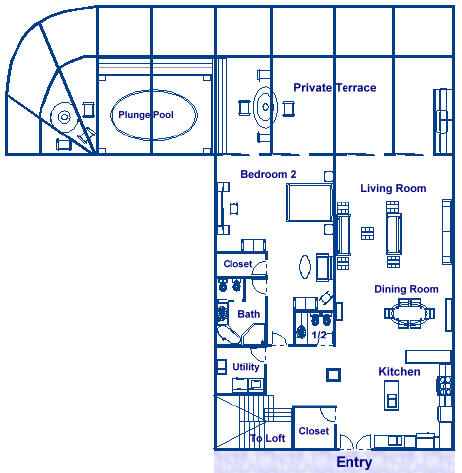 Penthouse residence A1P floor plans, first floor with kitchen, bedroom, 1 1/2 bathrooms, dining room, family room, private terrace with a plunge pool.