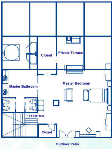 Penthouse A1P loft, Penthouse floorplan with master bedroom and master bathroom in the loft, outdoor living room, oceanview, and views of the stars at night.