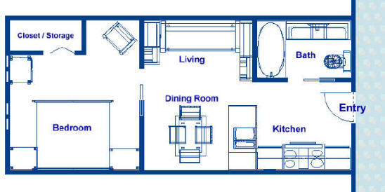 350 square foot ocean liner stateroom floor plans, vacation home approximately 12.5' x 28' with an island bed, separate bath, kitchen, designer appliances and open living area, outside units have porthole windows, end entrance, closet and storage space.